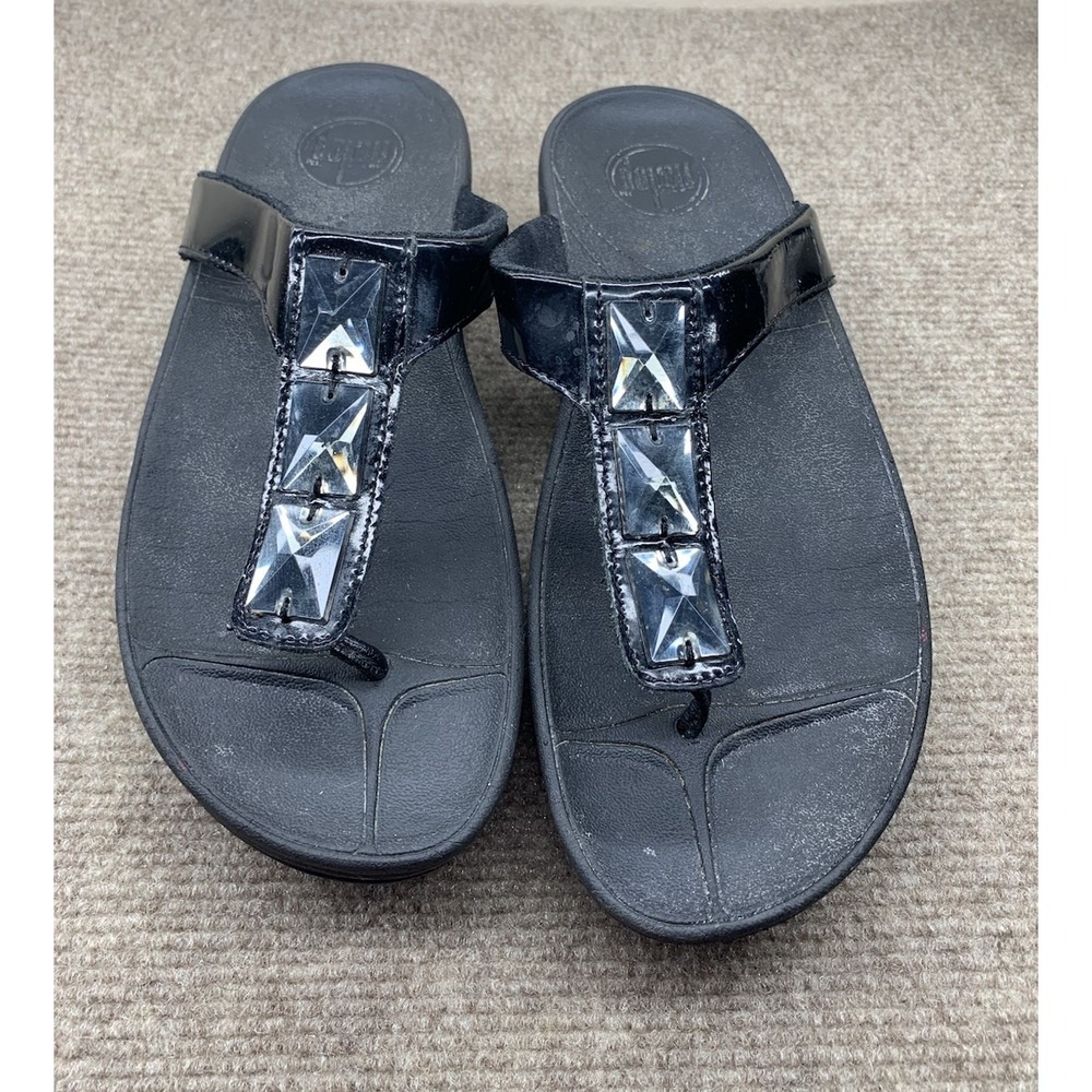 FitFlop Women's Sandals Wedge Pietra Bejeweled Slip On 38/ 7 Black Comfortable